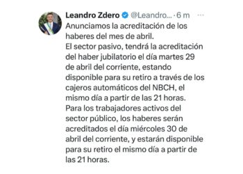 29 y 30 DE ABRIL: EL GOBERNADOR ZDERO ANUNCIÓ EL PAGO DE SUELDOS