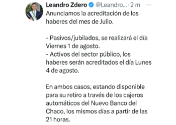EL GOBIERNO PROVINCIAL ANUNCIÓ EL PAGO DE SUELDOS DE JULIO