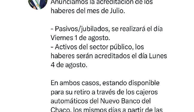 EL GOBIERNO PROVINCIAL ANUNCIÓ EL PAGO DE SUELDOS DE JULIO