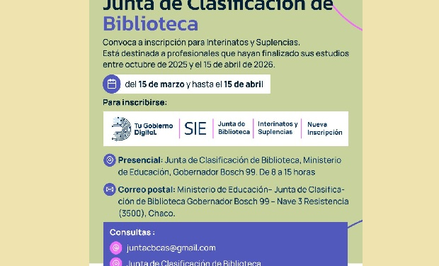 EDUCACIÓN: ABREN INSCRIPCIÓN EXTRAORDINARIA PARA INTERINATOS Y SUPLENCIAS DE DOCENTES BIBLIOTECARIOS